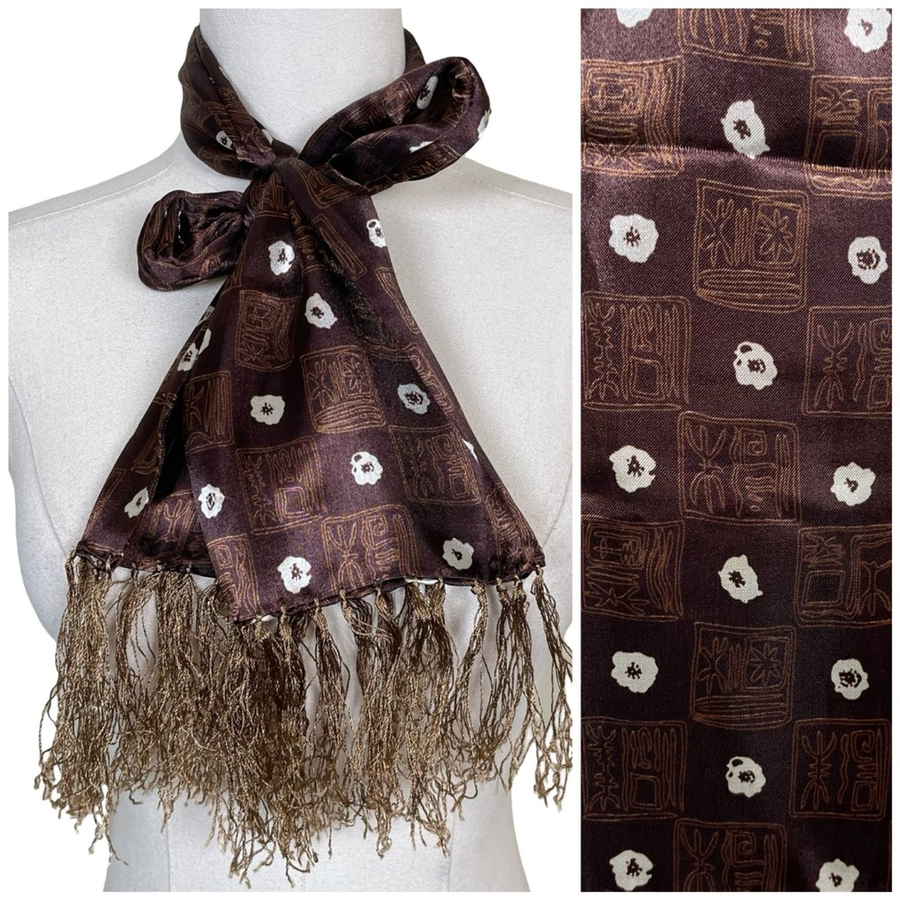 Vintage Silk Scarf Floral Fringe Brown Satin Patterned Tiki 60s 70s Boho Mod